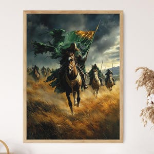 Riders of Rohan Carrying Flag, Horse-lords of Middle-earth, Epic Fantasy Battle Art Print, Rohirrim and Eorlingas
