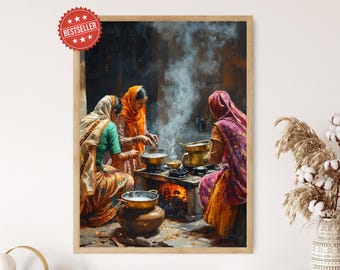 Traditional Punjabi Kitchen Art Print, Women Cooking, Brass Utensils