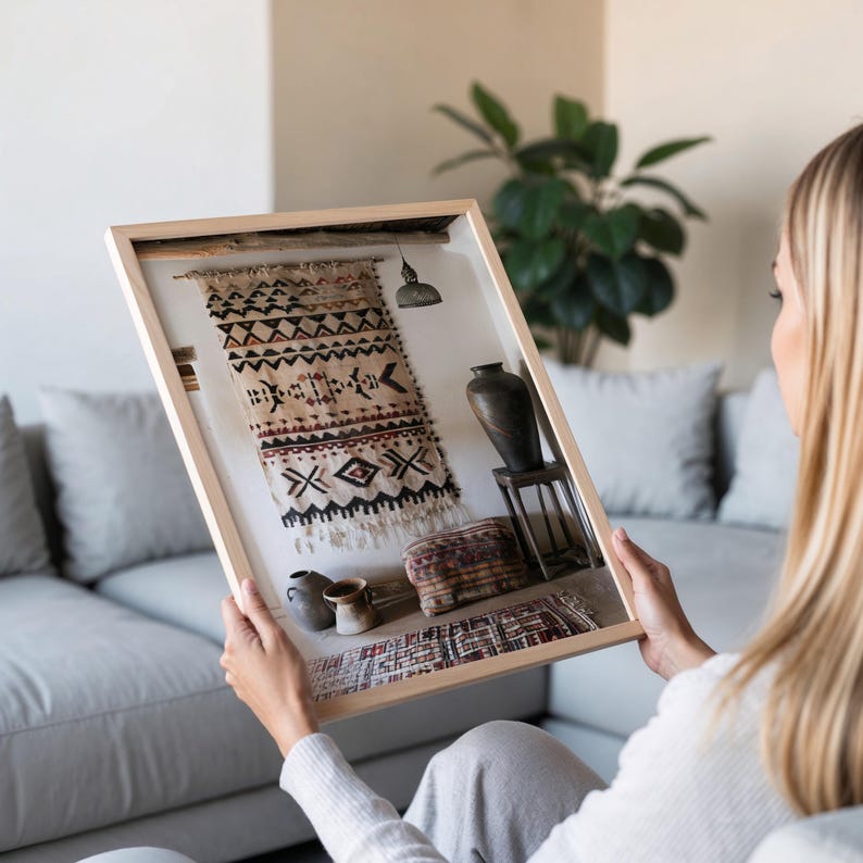May include: A framed display featuring a miniature interior scene with a woven wall hanging, pottery, and a small rug. The scene is framed in a light wood shadow box, showcasing a bohemian style.