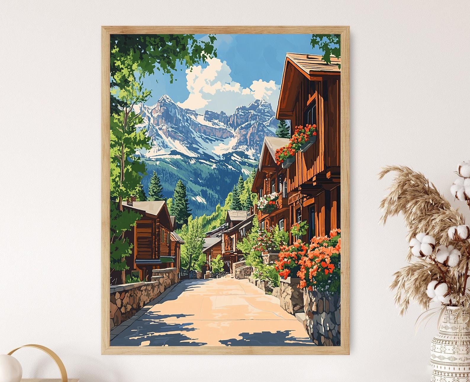 Telluride Mountain Home Row, Rustic Hillside Art Print, Colorado Alpine Village Illustration