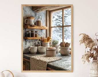 Stampa artistica di cucina nordica: arredamento rustico islandese con presine lavorate a maglia
