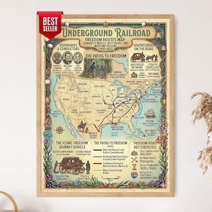 May include: A framed educational poster titled Underground Railroad Freedom Routes Map 1800-1865. The map displays North America with illustrated paths, historical figures, and icons representing safe houses, wagons, and maritime routes with text.