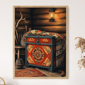 Könnte beinhalten: Eine antike Holzkiste mit einem farbenfrohen geometrischen Muster und einem dunkelblauen Rand. Die Kiste steht auf einem Holzboden mit einem Teppich davor. Ein Holzstuhl mit Geweih befindet sich im Hintergrund.