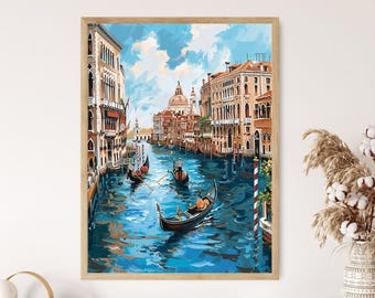 ロマンチックなヴェネツィアの運河を描いた絵画、イタリアのゴンドラと 