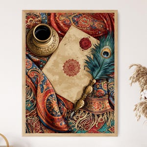 May include: A framed print featuring a vintage aesthetic. It showcases a quill pen with a peacock feather, an inkwell, and a parchment with a red wax seal. The scene is set on a patterned fabric with red, blue, and gold tones.