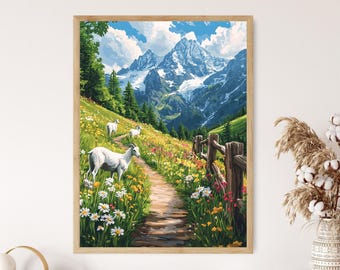Op de afbeelding: Een ingelijste kunstdruk toont een berglandschap met geiten. Het kunstwerk toont een pad dat door een veld met wilde bloemen slingert en leidt naar met sneeuw bedekte bergen onder een blauwe lucht. Een houten hek begrenst het pad.