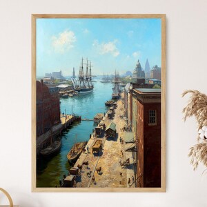 フィラデルフィア植民地時代の港の風景、大型帆船の埠頭の絵画、歴史的な都市の港のアートプリント