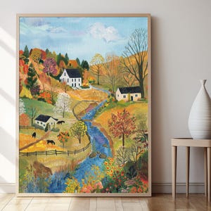 May include: A painting of a rural landscape with a winding stream, houses, and trees in autumn colors. The houses are white with black roofs and windows. The trees are a mix of green, yellow, orange, and red. The stream is blue and meanders through the landscape.
