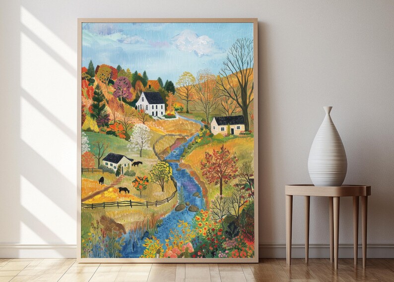May include: A painting of a rural landscape with a winding stream, houses, and trees in autumn colors. The houses are white with black roofs and windows. The trees are a mix of green, yellow, orange, and red. The stream is blue and meanders through the landscape.