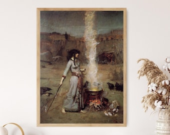 Può includere: Stampa incorniciata di un dipinto d'epoca raffigurante una donna in un lungo abito grigio, con un bastone, vicino a un calderone con una luce intensa. L'opera d'arte ha una tavolozza di colori tenui, con un focus sulla figura centrale e sulla scena mistica.