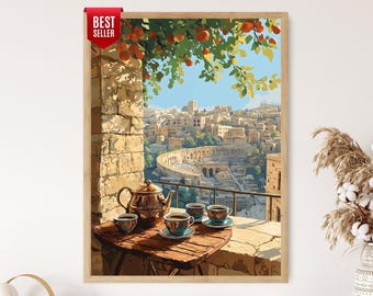 May include: A framed wall art print featuring a balcony scene with a wooden table, a metallic teapot, and three teacups. The view overlooks an ancient stone amphitheater and city buildings under a clear sky, with orange fruit tree branches above.
