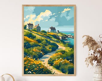 ロードアイランドのアートプリント：海岸沿いのイラスト、リビングルームの壁アート