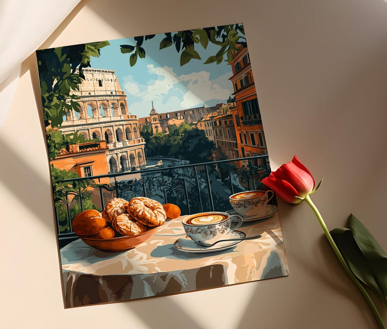 Rome Breakfast Table Art Print, Traditional Italian Food Decor, Cultural Kitchen Art image 2