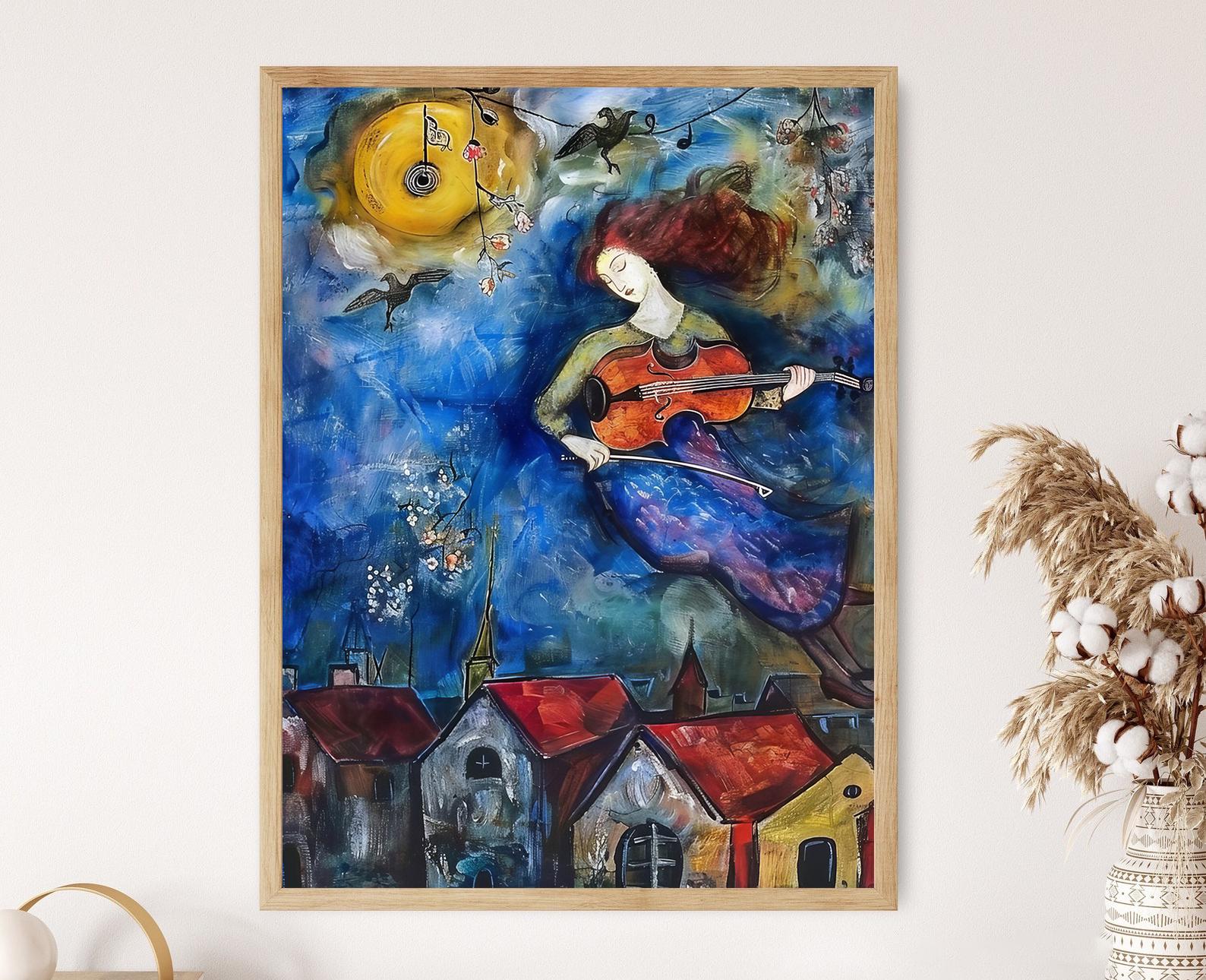 Zwevende violist over de stad: op Marc Chagall geïnspireerd surrealistisch schilderij