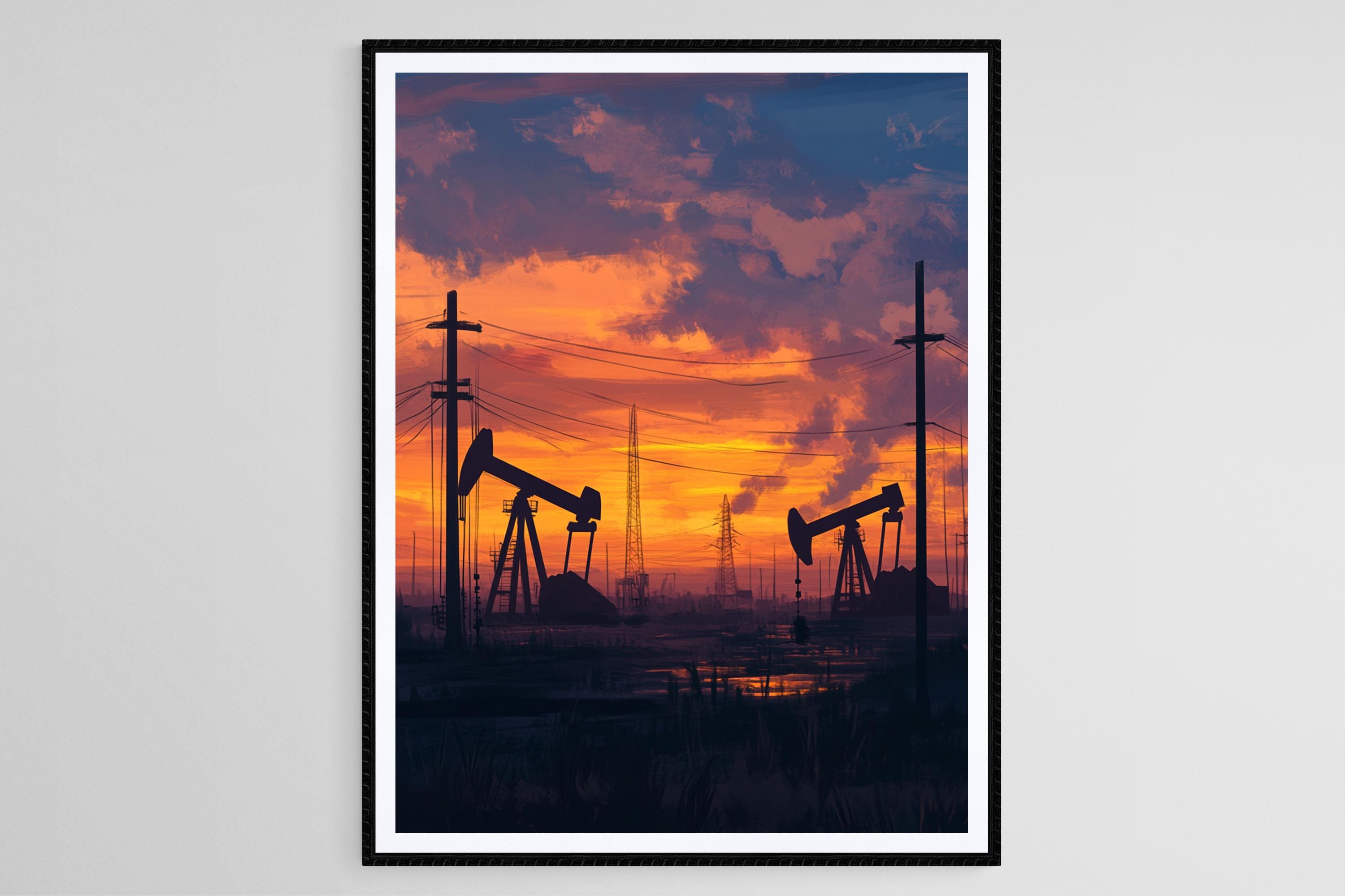 Texas Oil Field Art Print, Sunrise Over Oil Pumps, Industrial