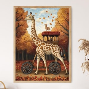 秋のキリン乗り、気まぐれな動物アートプリント