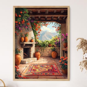 以下が含まれることがあります： 山々を望む暖炉のあるテラコッタのテラスを描いた絵画。テラスには鉢植えの植物とカラフルな敷物が置かれています。