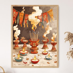 Tibetan Dragon Incense Holder Illustration, Folklore Wooden Ornament Art Print