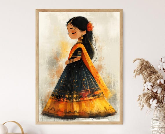 Lehenga Choli Illustration: Indian Girl Dress Poster, Ethnic Fashion Art
