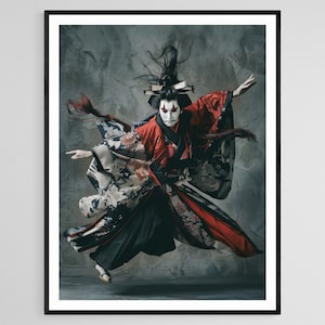 Dynamische kabuki-danseres, sierlijke poses Art Print