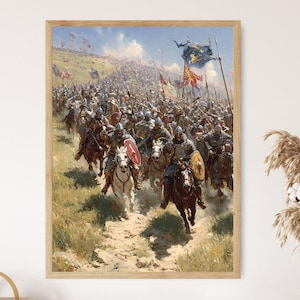 Battle of Hastings Charge Poster, Norman Cavalry vs Saxon Shield Wall Art Print, Medieval Warfare Painting