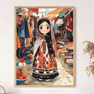 Türkmen Pride Doll Art Print, Geometric Turkish Dress