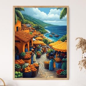 Zambia Marketplace Illustration, Colorful Farm Market Painting, African Fruit Art, Wall Art for Kitchen, African Restaurant Decor