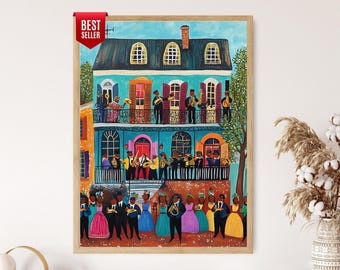 New Orleans Naive Kunstdruck, French Quarter, Jazz Musiker, Karneval