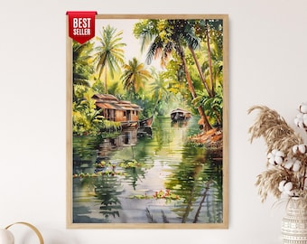 Kerala Backwaters Art Print: Tranquil Indian Landscape with Houseboats