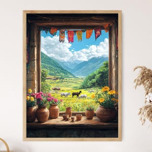 Farmhouse Window with Yaks Illustration, Tibetan Prayer Flags Art Print