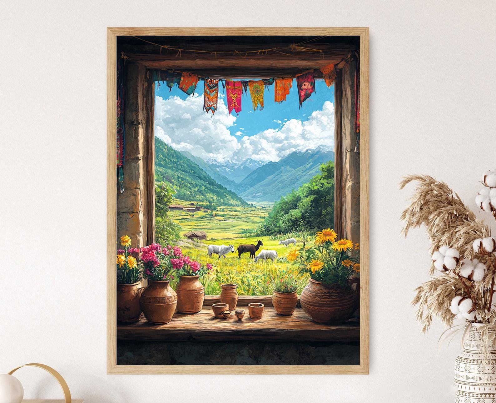 Farmhouse Window with Yaks Illustration, Tibetan Prayer Flags Art Print
