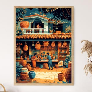 May include: A colorful painting of a pottery shop with a variety of terracotta pots and jars on display. The shop is located in a building with a balcony and a tiled roof. Two people are browsing the pottery.