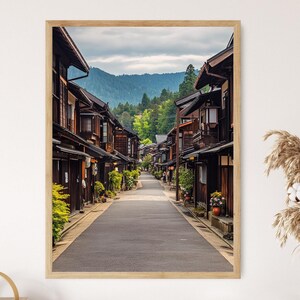 Impresión artística del casco histórico de Takayama, Japón, casas tradicionales de madera, arquitectura del período Edo