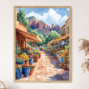 Scène de marché de producteurs de Sedona, impression d'Art du désert de Red Rock, Illustration de produits faits main en Arizona