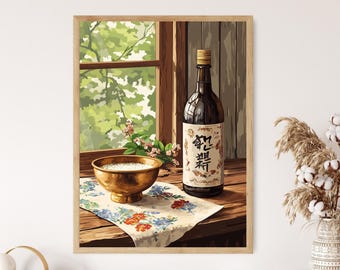 Korean Makgeolli Art Print, Flat Vector Illustration, Traditional Beverage Decor