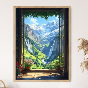 May include: A framed print of a scenic mountain landscape viewed through an open window. The artwork depicts a vibrant valley with waterfalls, lush greenery, and snow-capped mountains under a bright blue sky. Potted plants sit on the window sill.