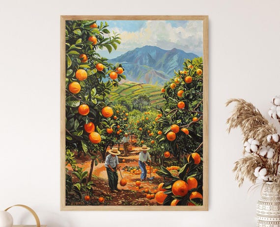 Mexican Citrus Orchard Art, Farmers Harvesting Oranges Painting