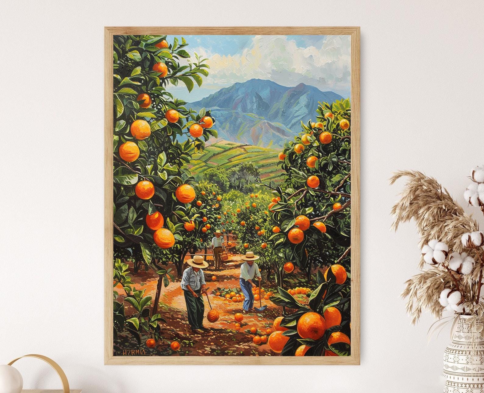 メキシコの柑橘園のアート、農民がオレンジを収穫する絵画、緑豊かな