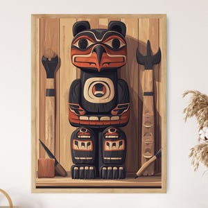 Haida Totem Ornament with Bear and Eagle Faces Art Print, Traditional Indigenous Decor Poster