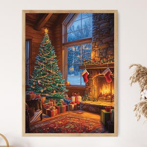 Impressão de arte aconchegante para sala de estar de Natal, árvore decorada e lareira