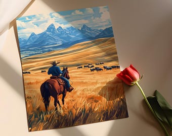 モンタナのカウボーイが馬に乗るイラスト、草原の風景のアートプリント