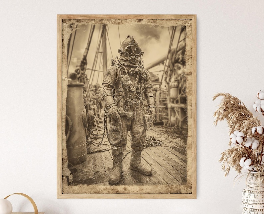 Vintage Deep Sea Diver Fine Art Print Sepia Nautical Explorer, Maritime ...