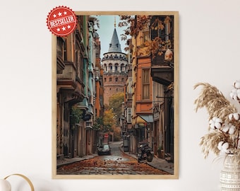 Galatatoren Istanbul City Art Print, poster historische skyline met uitzicht op de Bosporus, wanddecoratie Turkse architectuur, reisillustratie