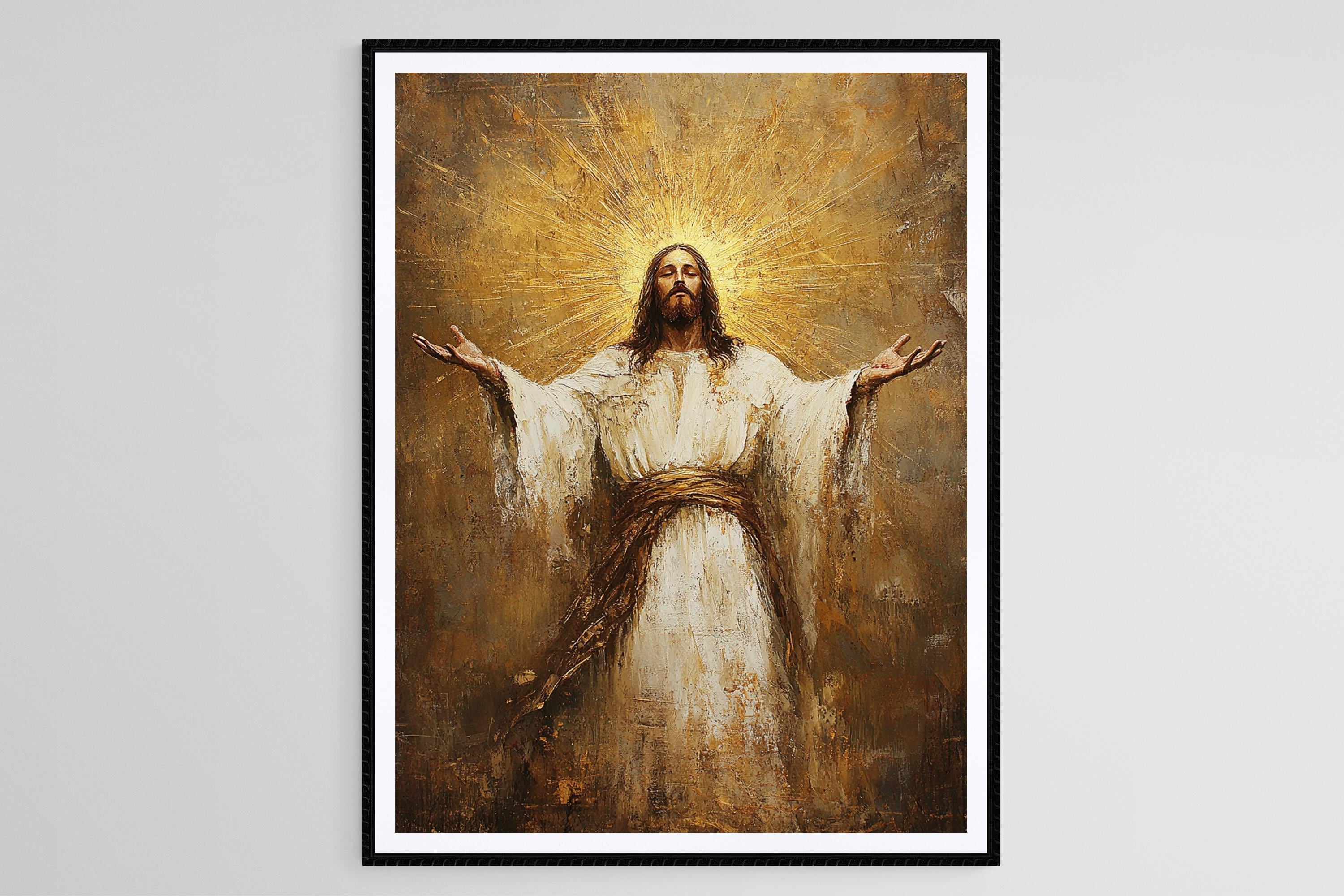 両手を広げたイエス・キリストのアートプリント、輝く光、キリスト教の