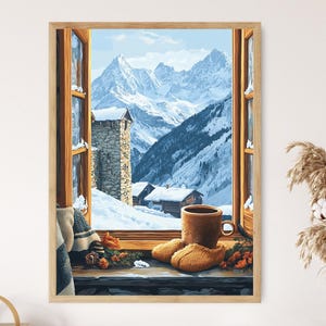 Mestia Fensterszene Poster, Svaneti Blick auf die Berge mit Folkloristischen Gegenständen, Flacher Vektor Highland Kunstdruck