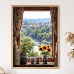 Ilustración de la ventana abierta de Novi Sad, fortaleza de Petrovaradin con cortinas y jarrones