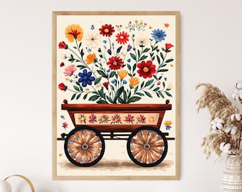 Kalocsa Floral Art Print: Hungarian Folk Design Wooden Cart