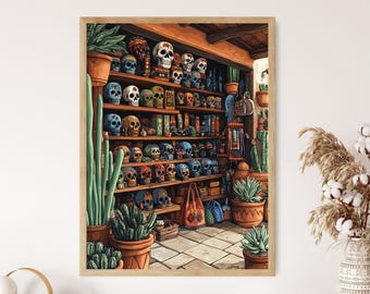 Pinatas y Calaveras Decor Print, Mexican Gift Shop Poster, Woven Bag Illustration
