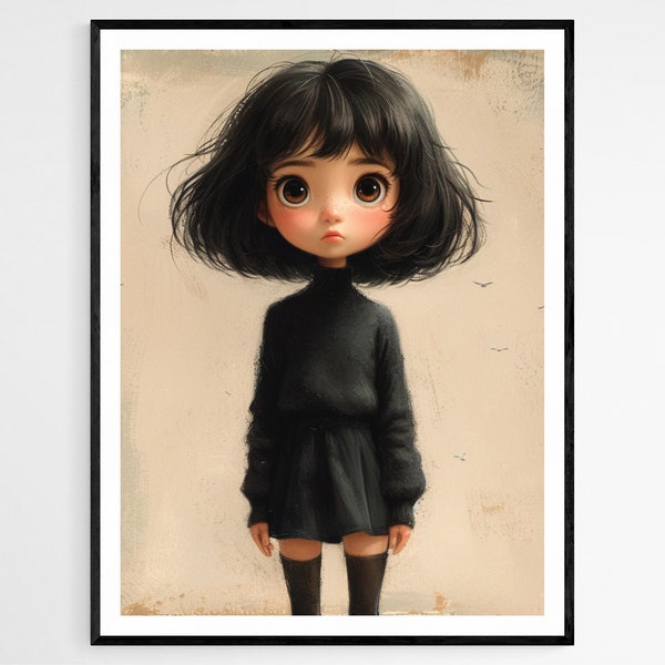 Doll Art, Nostalgic Young Girl Portrait, Expressive Eyes Artwork, Ideal Nursery Gift