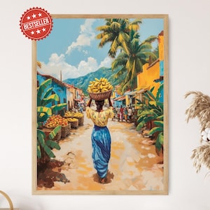 Haitian Woman with Bananas Illustration, Village Market Scene Art Print, Caribbean Cultural Poster, Tropical Folk Wall Decor Artwork